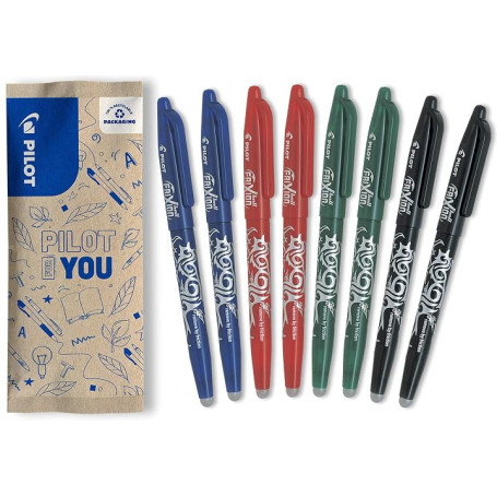 PILOT - Lot de 8 FriXion Ball 07 - Stylo Effaçable à Encre Thermosensible - Stylo Roller Rechargeable - 2 Bleus, 2 Rouges, 2 Ver