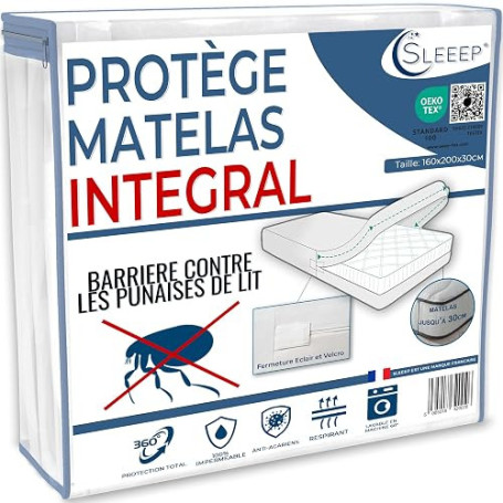 SLEEEP Housse Matelas 160x200 Anti Punaise de lit avec Fermeture Éclair Protege Matelas Imperméable Integral OekoTex - Qualité H