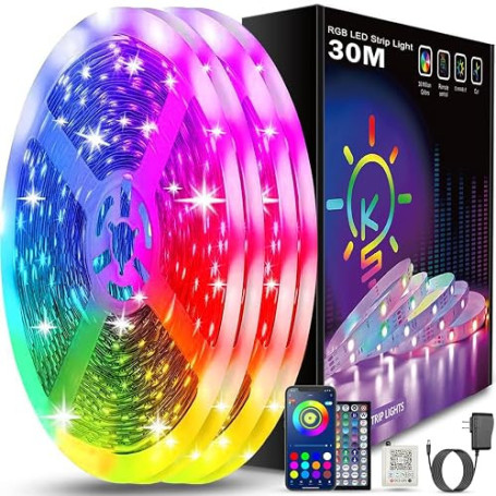 Keepsmile Ruban Led 30m (15mx2), Led Chambre Bluetooth, Bande Led Contrôlé par Télécommande APP, Guirlande Lumineuse Décoration