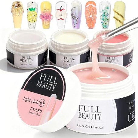 4x15ml Gel Construction Ongle UV, Builder Gel Ongles, Gels de Construction Ongle pour Renforcement, Extension et Nail Art Manucu