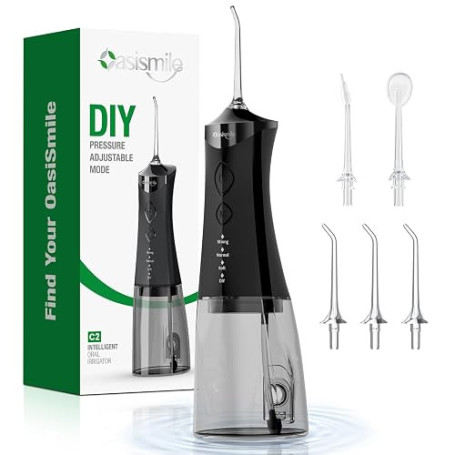 OasiSmile C2 Jet Dentaire Hydropulseur Portable, Réservoir de 350 ml, Noir | Irrigateur Oral Rechargeable, 4 Modes & DIY Pressio