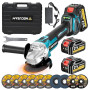 Meuleuse D'angle 125mm Sans Fil Flex, Set Avec 2x 4.0Ah Batterie, Moteur Sans Balais 1200W 4 Vitesses 10500RPM, 10 Disques de Co