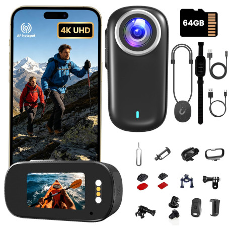 Veralyxa Caméra Sport, 4K Mini Camera Sport WiFi avec Carte 64 Go, Camera POV Caméra Portative étanche IP65, Action Cam – Autono