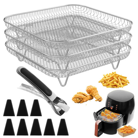 Grille Inox Empilable Carrée Pour Friteuse À Air Avec Pieds Silicone | Support Multiniveau Pour Cuisson, Séchage Des Fruits Et P