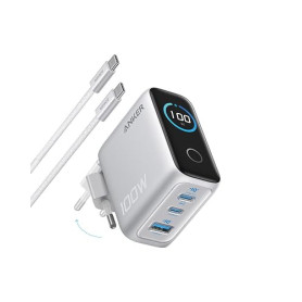 Anker Chargeur USB C 100W Max 3 Ports | Adaptateur Mural GaN Ultra-Compact, Écran Intelligent, Contrôle Tactile, pour MacBook, i