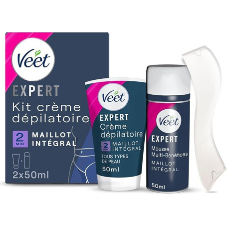 VEET EXPERT - Crème Dépilatoire Poils Tenaces - Maillot Intégral Avec Mousse Exfoliante - Agit en 2min - 2x50ml