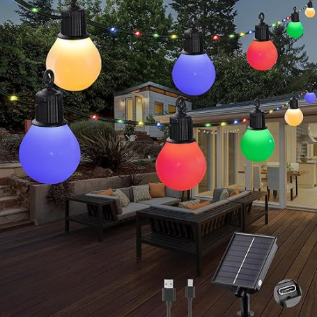 Tacobey Guirlande Solaire Extérieur avec 20 G40 Blanche Ampoules, 【Charge USB】, 10M 100 LEDs Guirlande Lumineuse Solaire 8 Modes