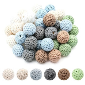 Lot de 30 perles en bois au crochet, 16 mm, 6 couleurs | Boules rondes en bois à enfiler, avec trou, pour bijoux et bracelets