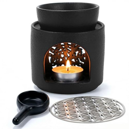 Brûleur d'encens avec tamis et bol – 120 ml pour huiles essentielles, brûleur d'encens en céramique noir mat pour diffuseur d'ar