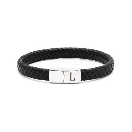 TOLOWOBK Bracelet Cuir Homme Tressé avec Initiale Alphabet Noir Manchette | Cuir Bracelets 21cm avec Fermoir Magnétique Cadeau N