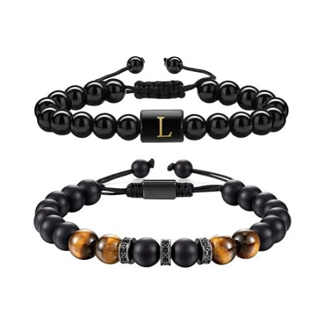 Bracelets en Perles pour Hommes, 2 Pcs Bracelets de Perles en Pierre Naturelle, Réglable Oeil de Tigre Pierre Bracelets, Bracele