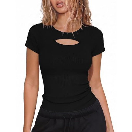 Aottori T Shirt Femmes Manches Courtes Col Rond Haut Été Côtelé Découpes | Doux et respirant, détails ajourés, maille côtelée ex