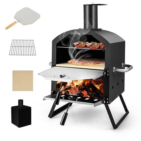 GYMAX Four à Pizza Extérieur Mini au Bois avec Pierre à Pizza, Pelle à Pizza, Jambes Pliantes et Poignées Portables, Ventilateur