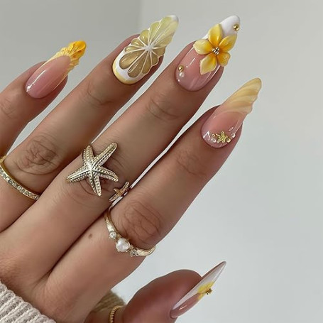 Auroriel 24 Stück Press On Nägel en Gel Amande Faux Ongles avec Fleur Blanc Jaune French 3D Perles Étoiles Dorées Design d'Ongle