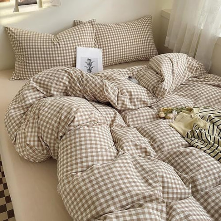 Housse de Couette Carreaux Vichy 200x200 Marron + Taie d'oreiller 65x65x2 | Parure de Lit 200x200, en 110gsm Microfibre, Imprimé