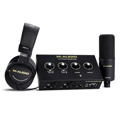 M-AUDIO M-Track Duo HD Pack d'Enregistrement Studio | 2 Entrees XLR/TRS, 2 Sorties TRS, 24 Bits/192kHz, Microphone a Condensateu