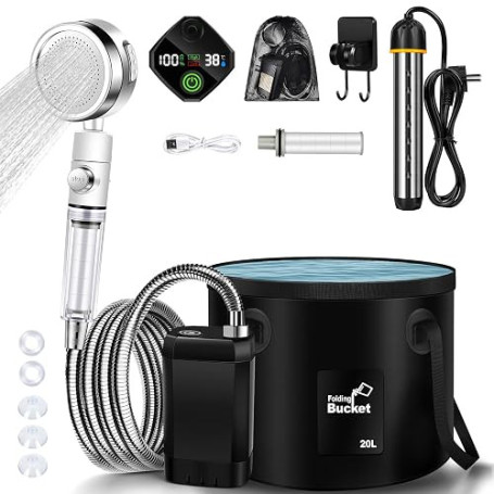 JONRRYIN Douche de camping chauffante, douche mobile d'extérieur avec affichage de la température de 6000 mAh, pommeau de douche