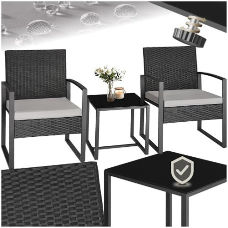 tectake® Ensemble Salon de Jardin Exterieur 2 Chaise Confortable avec Table de Jardin en Poly Rotin et Acier, Mobilier de Jardin