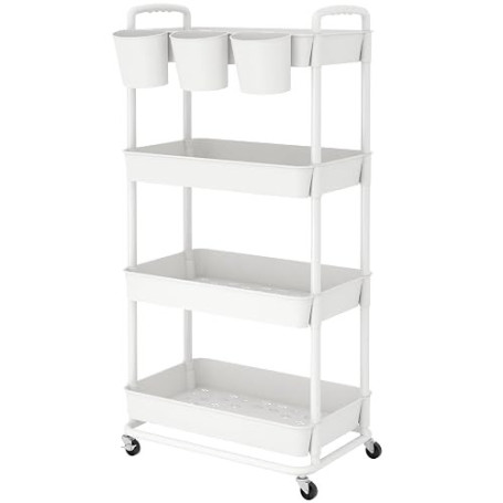 JIUYOTREE Chariot de Rangement à 4 Niveaux, roulettes en Plastique verrouillables, poignées, gobelets Suspendus supplémentaires,