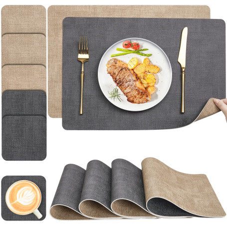 Set de Table et Dessous de Verre Myir JUN, Sets de Table Lot de 6 Lavable Double Face Bicolore en Simili-Cuir, Set Table Antidér