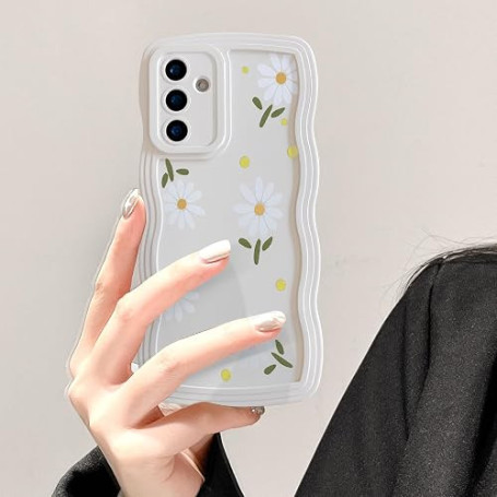 UEEBAI Coque pour Samsung Galaxy S24 FE, Wave Frame Marguerite Étui en Silicone Liquide, Housse de Téléphone en Motif de Daisy F