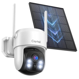 Caytail 2K Camera Surveillance WiFi Exterieure sans Fil avec Panneau Solaire, 360° PTZ Camera Exterieur Batterie, 2.4Ghz, PIR Dé
