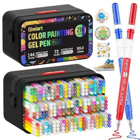 TrendGate 216 Stylo Gel Acrylique, 144 Feutre Acryliques + 72 Pailletés | Pointe 1 mm Gen Pen, Feutres Gel Coloriage, Pour Peint