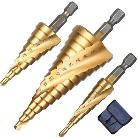 flintronic 3PCS Foret Étagé Rainuré en Spirale, 4-12/20/32mm Fraise Meche Etage Metal Acier Rapide Revêtu de Titane HSS pour Per