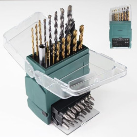 FISHTEC - Coffret de 43 pièces embouts et forets - Embouts CR-V 25 mm, Forets métal, bois et béton, Adaptateur 60 mm, Coffret AB