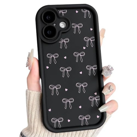 NITITOP Coque pour iPhone 16 Mignonne Bowknot Cœur Motif, Noir | avec Nœud Papillon Motif, pour Femme Fille, Souple Silicone Ant