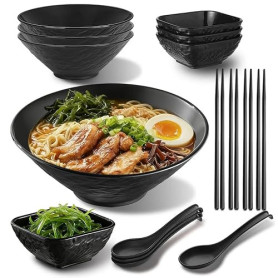 Berglander Set de Bol Ramen 4 x 1200ml avec Bols à Sauce, Baguettes et Cuillères, Bols en Plastique Incassables de Style Japonai