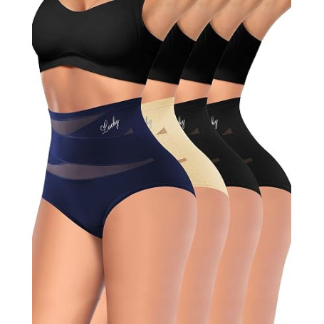 MIOTAN Lot de 4 Culotte Gainante Ventre Plat Taille Haute pour Femme | Maille double couche, respirant, doux, stretch, maintien
