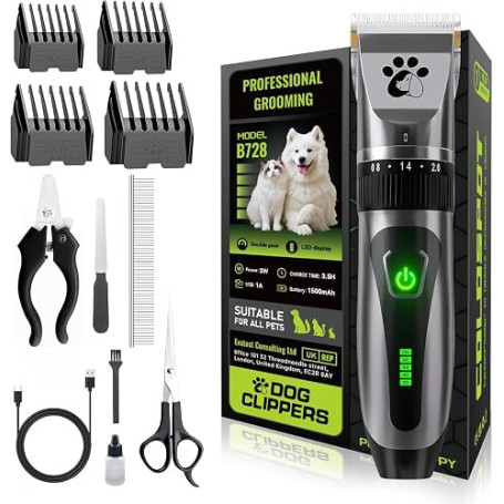 Tondeuse pour Chiens Sans Fil, Tondeuse Professionnelle pour Animaux, Kit de Toilettage pour Chiens à 2 Vitesses et Faible Bruit