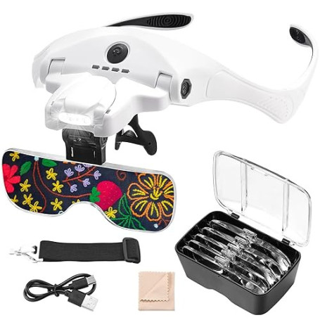 Anpro Lunette Loupe USB Rechargeable avec 4 Lumières LED à Luminosité Réglable, Loupe avec 5 Lentilles Détachables (1X-3.5X), Pa