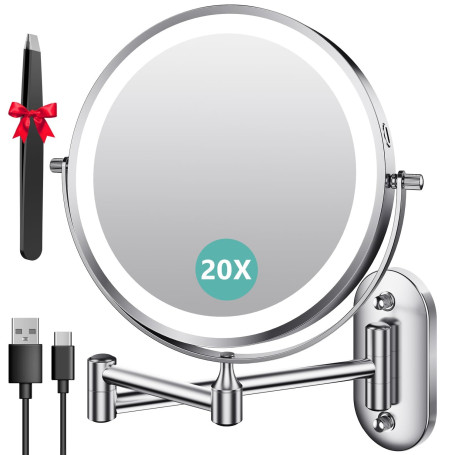 Auxmir Miroir Grossissant Mural Rechargeable 3200 mAh 1X/20X, Argenté | Bouton tactile double face, bras extensible rotatif 360°