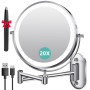 Auxmir Miroir Grossissant Mural Rechargeable 3200 mAh 1X/20X, Argenté | Bouton tactile double face, bras extensible rotatif 360°
