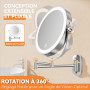 Auxmir Miroir Grossissant Mural Rechargeable 3200 mAh 1X/20X, Argenté | Bouton tactile double face, bras extensible rotatif 360°