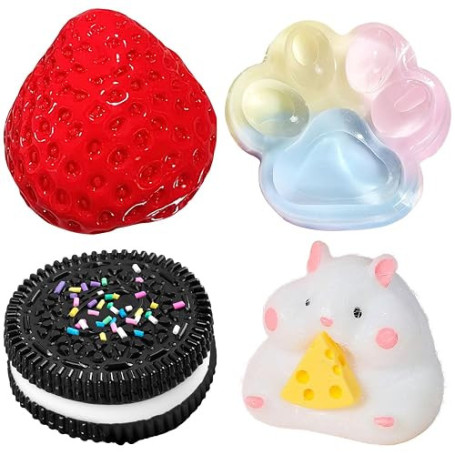 SSKHE 4Pcs Taba Squishy Set, Fraise + Hamster + Chat Paw + Hamster, Fufu Squishy Squishe Toy Squishes Kit pour Le soulagement du
