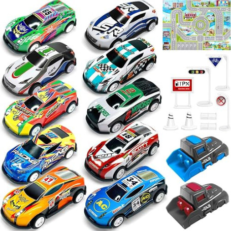 TOYABI Coffret Petite Voiture Enfant, 10 Petites Voitures Jouets avec Catapulte & Tapis de Jeu, Lot Voitire Miniature en Métal 1