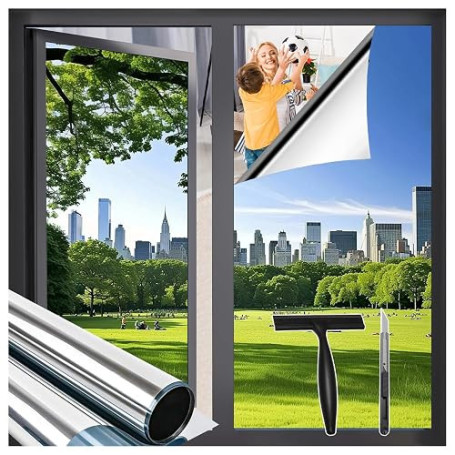 Zindoo Film Fenetre Anti Regard Film Anti Chaleur Bon Effet Miroir Anti UV | avec Kit de Pose 40x200cm Protection de la Vie Priv