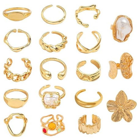 JSTHHTT 18 Pcs Bague Femme Vintage Réglable, Ensemble de Bagues Empilables en Or, Bague Femme Or, Dôme épais Tressé et Torsadé à