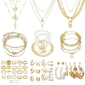 JSTHHTT 60 Pcs Parure Bijoux Femme, Bijoux Femme, Bracelet Femme, Bagues, Collier Femme Or, Ear Cuff, Boucles d'Oreilles Créoles