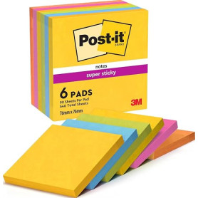 Post-it Notes Autocollantes Super Sticky, Couleurs Carnival, Pack de 6 Blocs, 90 Feuilles par Bloc, 76 mm x 76 mm - Feuillets Su
