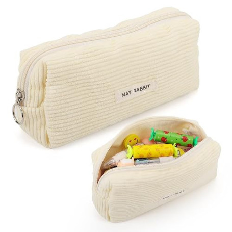 Bomtop Trousse à Crayons Grande Capacité Velours Côtelé - École, Esthétique, Toilette (Beige)