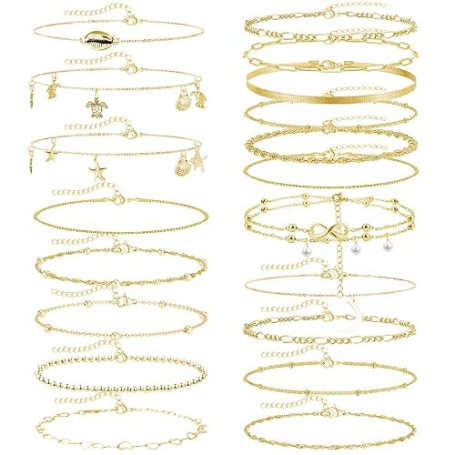 JSTHHTT 19 Pcs Or Chaîne de Cheville Femmes Grande Taille Bijou Empilable Ajustable Perlée Pied Délicat Tendance Plage