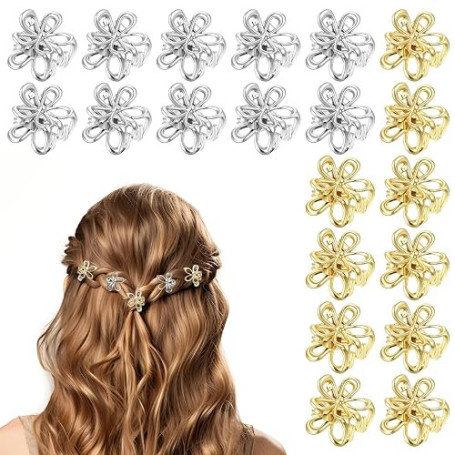 Bremorou Lot de 20 mini pinces à cheveux, petites pinces à cheveux en métal, pinces à cheveux dorées et argentées, fleurs, acces