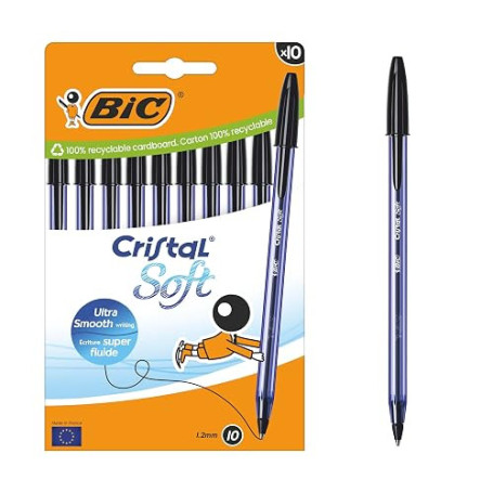 BIC Cristal Soft Stylos-Bille Pointe Moyenne (1,2 mm) - Écriture Douce et Fluide - Noir, Boîte carton de 10