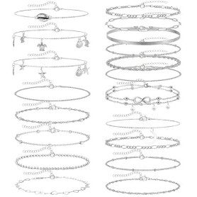 JSTHHTT 19 Pièces Bracelet Pied Femme Argent Chaîne de Cheville Grande Taille Idéal Été