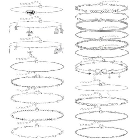 JSTHHTT 19 Pièces Bracelet Pied Femme Argent Chaîne de Cheville Grande Taille Idéal Été