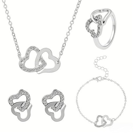 JYIXXZX Parure Bijoux Femme Cœurs Entrelacés Collier Boucles d'oreilles Bracelet Bague Réglable Coeur Pendentif Chaîne avec Zirc